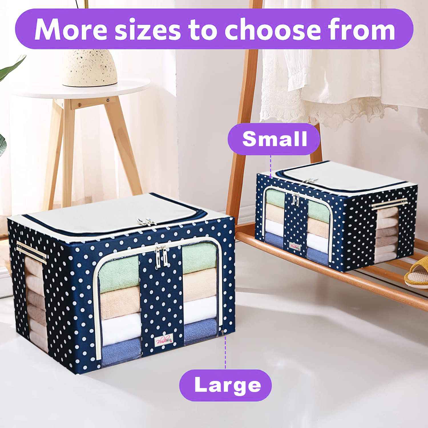 Sxtiyou Oxford Fabric Collapsible Storage Boxes for Clothes/Quilts/Linen with Metal Supports