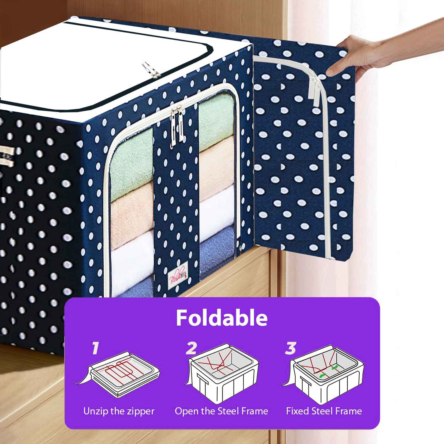 Sxtiyou Oxford Fabric Collapsible Storage Boxes for Clothes/Quilts/Linen with Metal Supports