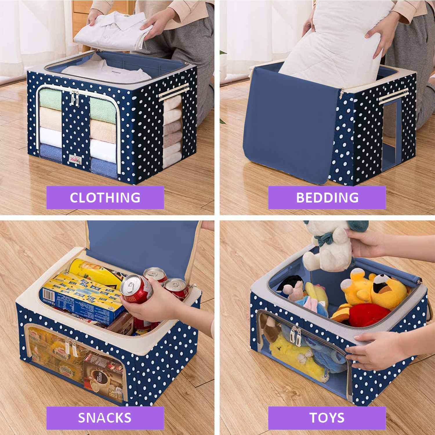 Sxtiyou Oxford Fabric Collapsible Storage Boxes for Clothes/Quilts/Linen with Metal Supports